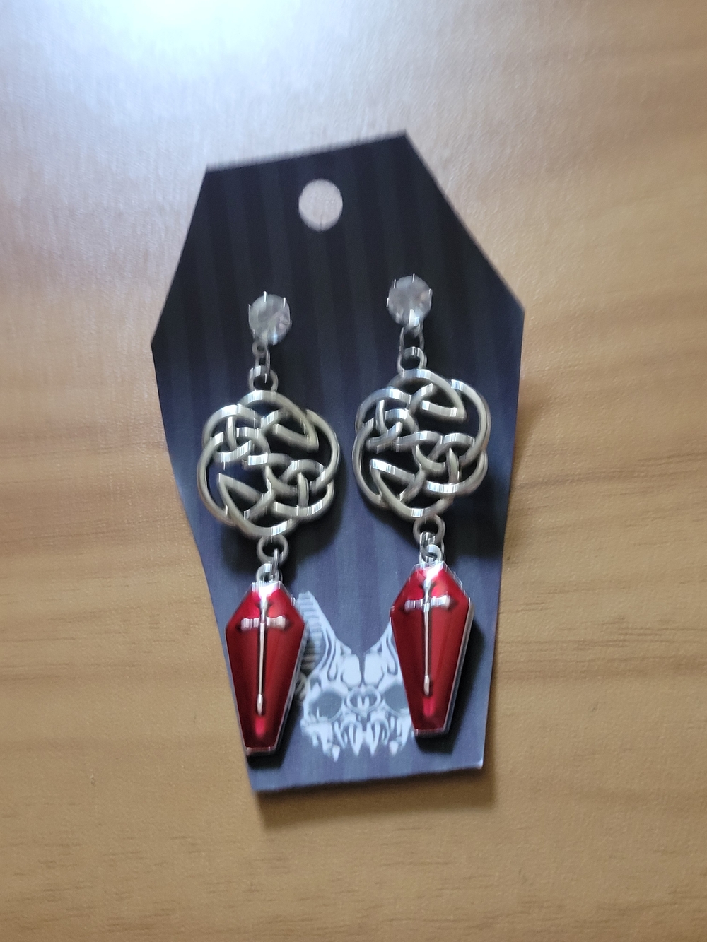 💀NEW💀Hand Crafted Red and Silver Celtic Coffin Drop Earrings